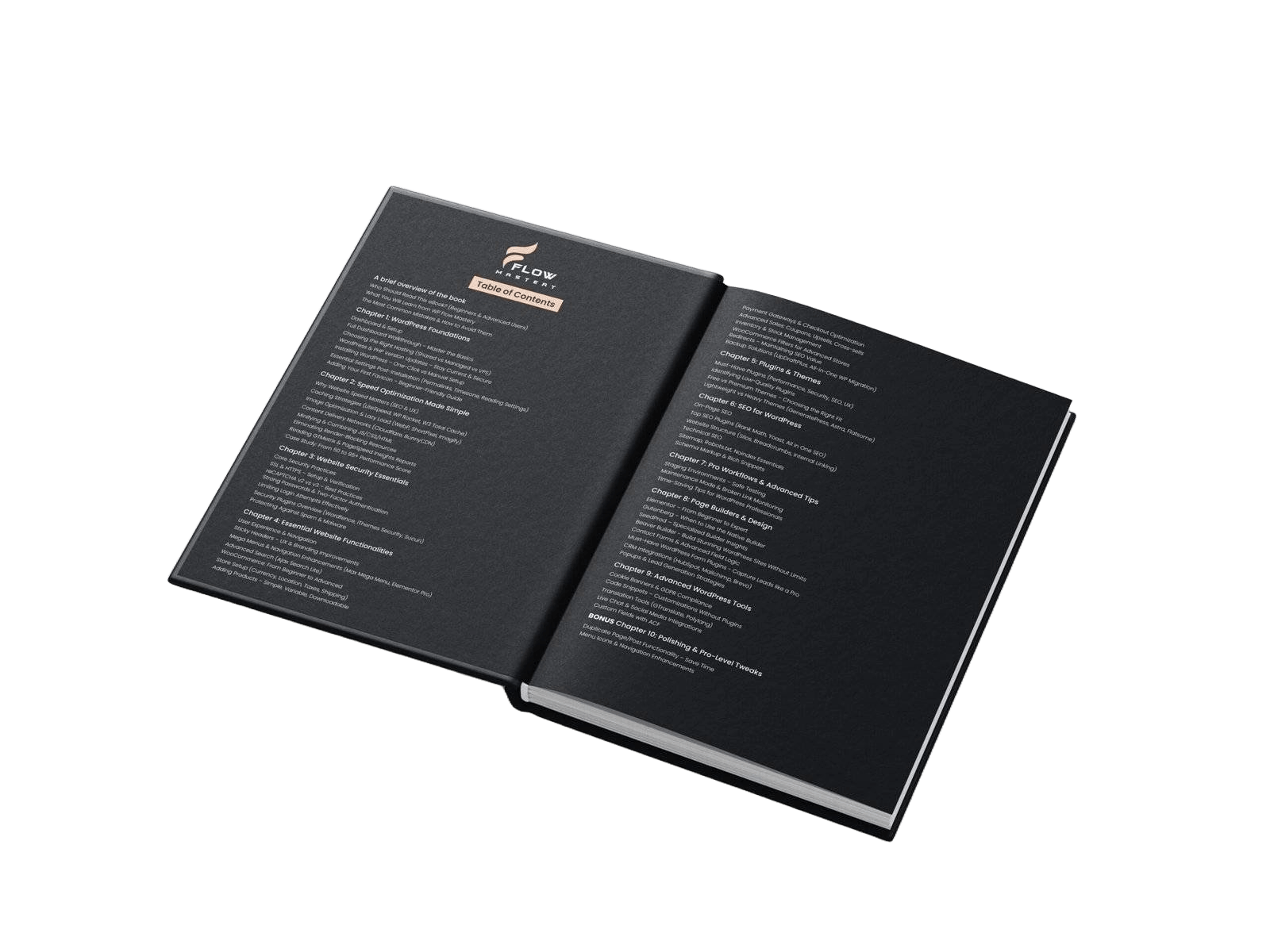 WP FlowMastery open technical eBook spread mockup showing code snippets and architecture guide